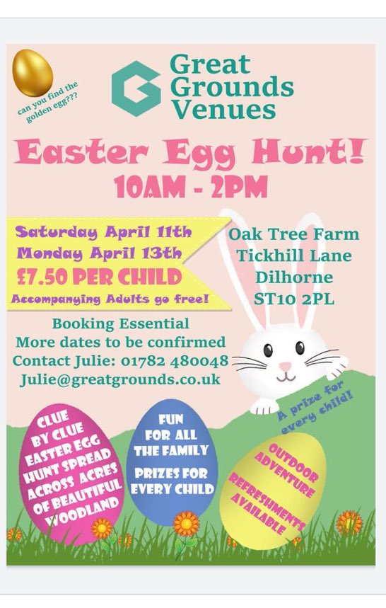 GreatGroundsEd's tweet photo. @ptstaffs @PTStaffordshire We're holding our first #Easter Egg Hunts at our Education Centre, supporting our work in local schools
#Children, parents &amp; carers can enjoy a 1 mile hunt through woodlands &amp; meadows in the Staffordshire countryside.
Fresh air &amp; fun for all the family. https://t.co/TruTfOw0bv