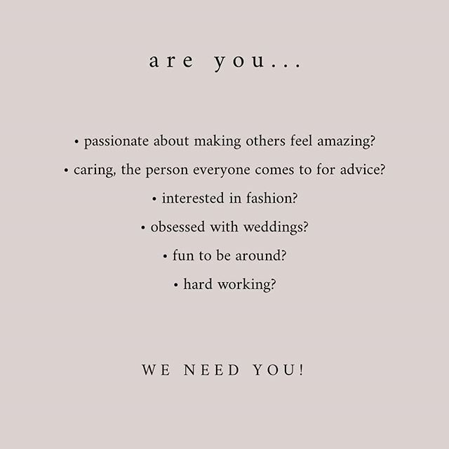 • J O B.  A L E R T. •
.
.
We are searching for a weekend Boutique Stylist and a part time Machinist.
.
.
If you are a fun, happy, caring person who would love to work in Bridal, please get in touch!
.
.
This role is for a weekend worker, your job wi… ift.tt/39ppGPh