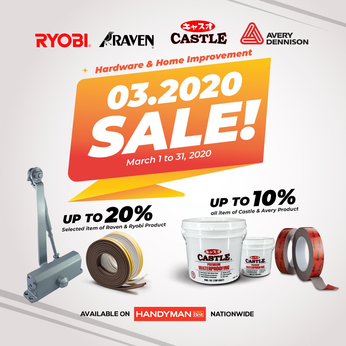 TamsonsEnt's tweet photo. Hardware &amp; Home Improvement Sale!
Available on Handyman store nationwide until March 1-31, 2020. :)

#Handyman #Ryobi #Raven #AveryDennison #Castle https://t.co/UfexNpTRCt