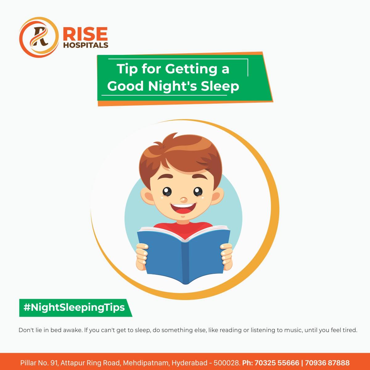RiseHospitals's tweet photo. Tip for Getting a Good Night's Sleep:

Don't lie in bed awake. lf you can't get to #sleep, do something else, like reading or listening to music, until you feel tired.

#SleepingProblems #Reading #Listening #GoodSleep #SleepBetter #SleepingTips #GettingGoodSleep #NightSleepTips https://t.co/GYg31zpmwC