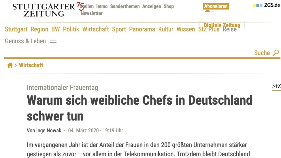 HHER_Career's tweet photo. #Weltfrauentag: Warum wir die #Frauenquote brauchen erklärt #HuntingHer-Chefin Regina Lindner in der Stuttgarter Zeitung.
@StZ_NEWS #ThomasPrinzip #GenderDiversity #Frauentag #genderbalance #headhunter https://t.co/8mXdpS24fH