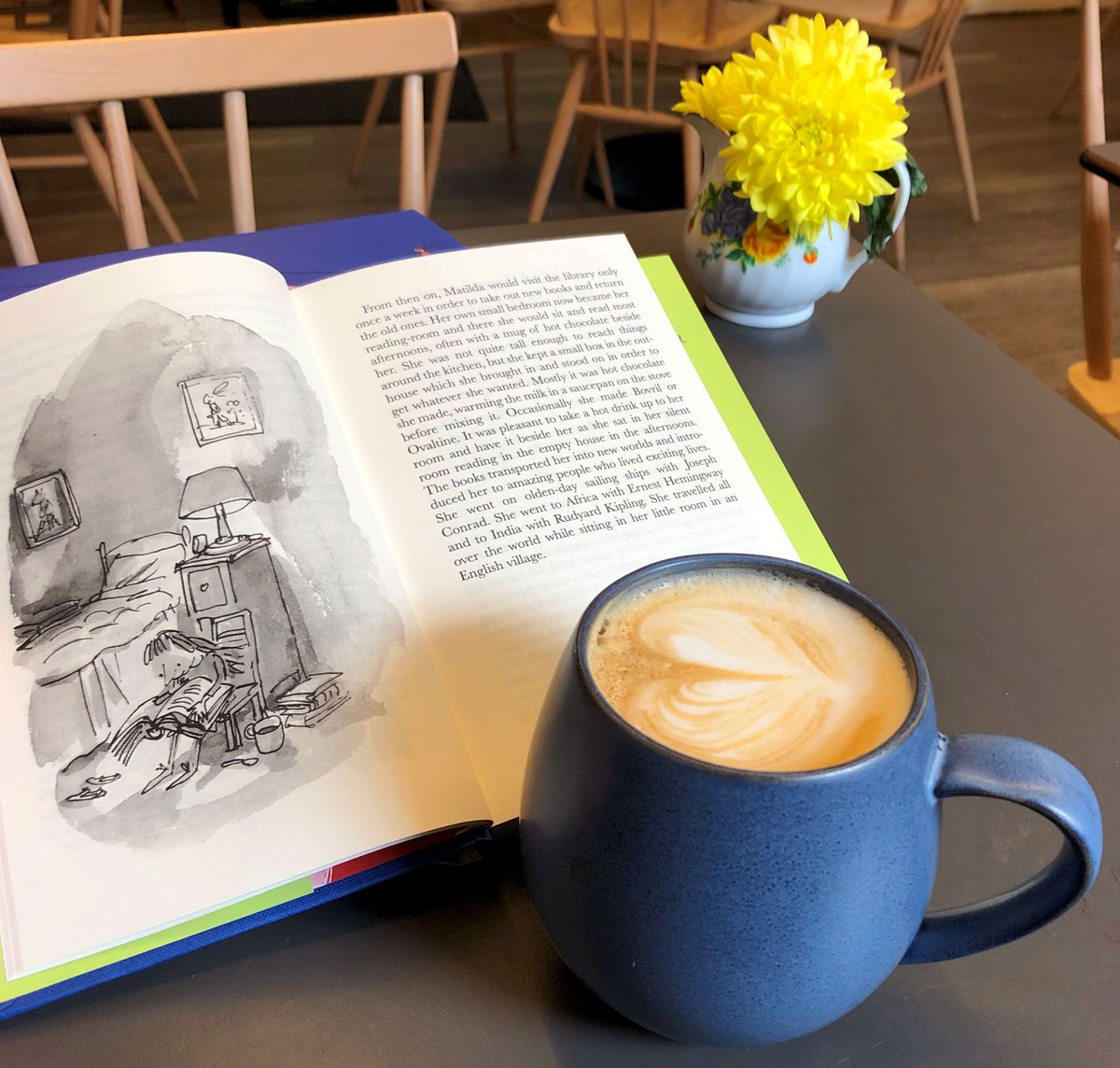 RDMCafe's tweet photo. Happy #WorldBookDay! You'll find us cosying up with a book and a hot drink today, just like Matilda! In the very same little English village, no less...

#WorldBookDay2020 #RoaldDahl #Matilda https://t.co/vZfKcaLObp