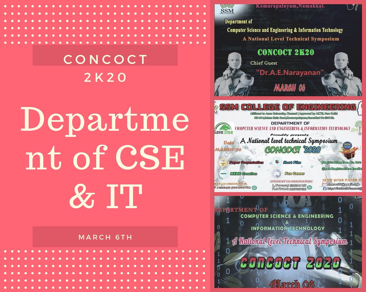 EducationalSsm's tweet photo. Department of Computer Science and engineering and Information Technology  conducts Technical Symposium CONCOCT' 2020
#ssm #education #komarapalayam #erode #nammakal #ssmcollegeofengineering #students #success #informationTechnology #COMPUTERSCIENCE #college #elearning #symposium https://t.co/AQPa8d35ba