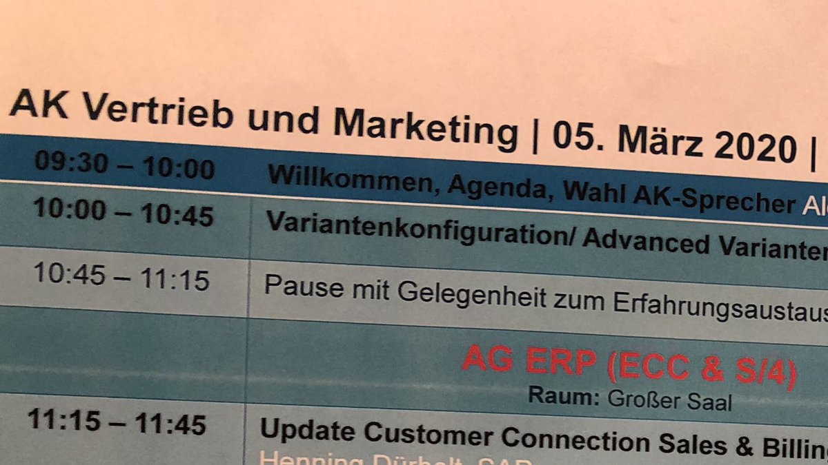 Heute beim <a href="/_DSAG/">DSAG e.V.</a> Arbeitskreistreffen #Vertrieb und #Marketing bei der <a href="/SAP/">SAP</a>. Leider sind die Reihen etwas leer dank #Coronvirus ... das Programm verspricht aber spannende Themen! #S4HANA #SAP #SALES #SAP #business