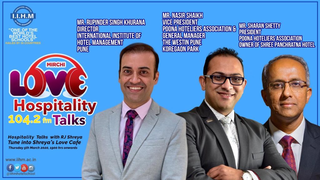 Tune in to hear the experts talking about hospitality. IIHM presents Hospitality Talks on Mirchi Love 104.2 FM on Shreya’s Cafe today, 5th March 2020 from 1900 hrs. <a href="/IIHMHOTELSCHOOL/">IIHM</a> <a href="/subornobose/">Dr. Suborno Bose</a> <a href="/san_geeta/">Sangeeta_#iihmpune</a>
