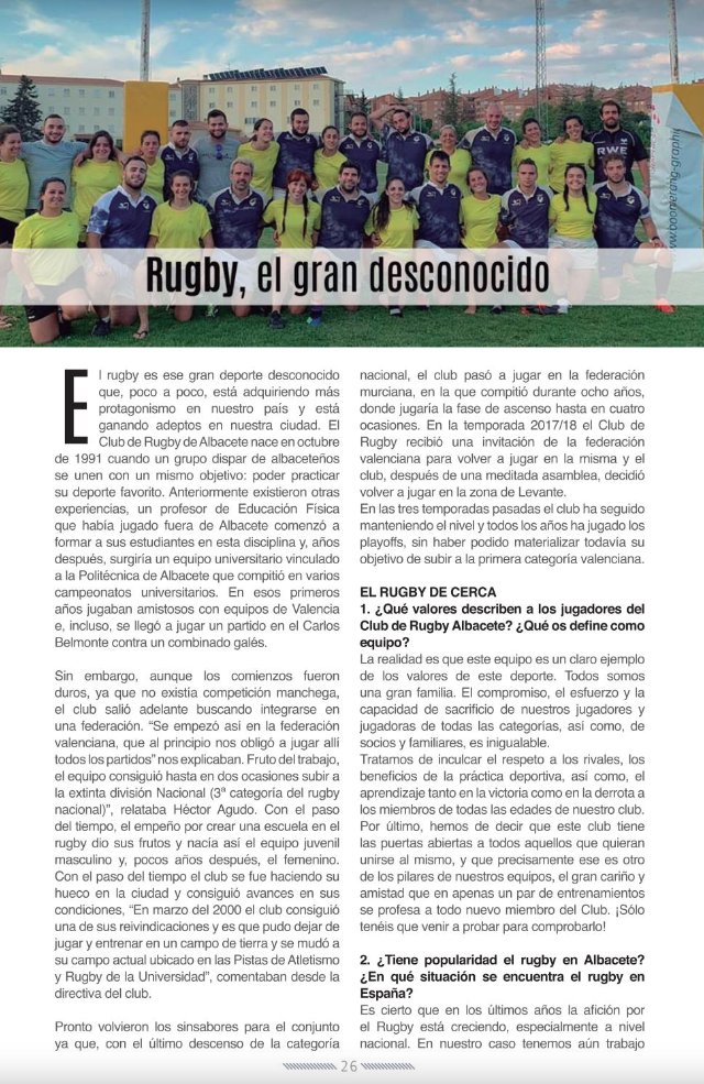 👉Este mes, en nuestra revista del mes de marzo, os hablamos de un deporte totalmente desconocido e infravalorado, el Rugby.
👉Compañerismo, honor, disciplina y respeto son los 4 valores del Rugby
Puedes leerla la entrevista completa en ⬇️⬇️⬇️
albaceteamano.com