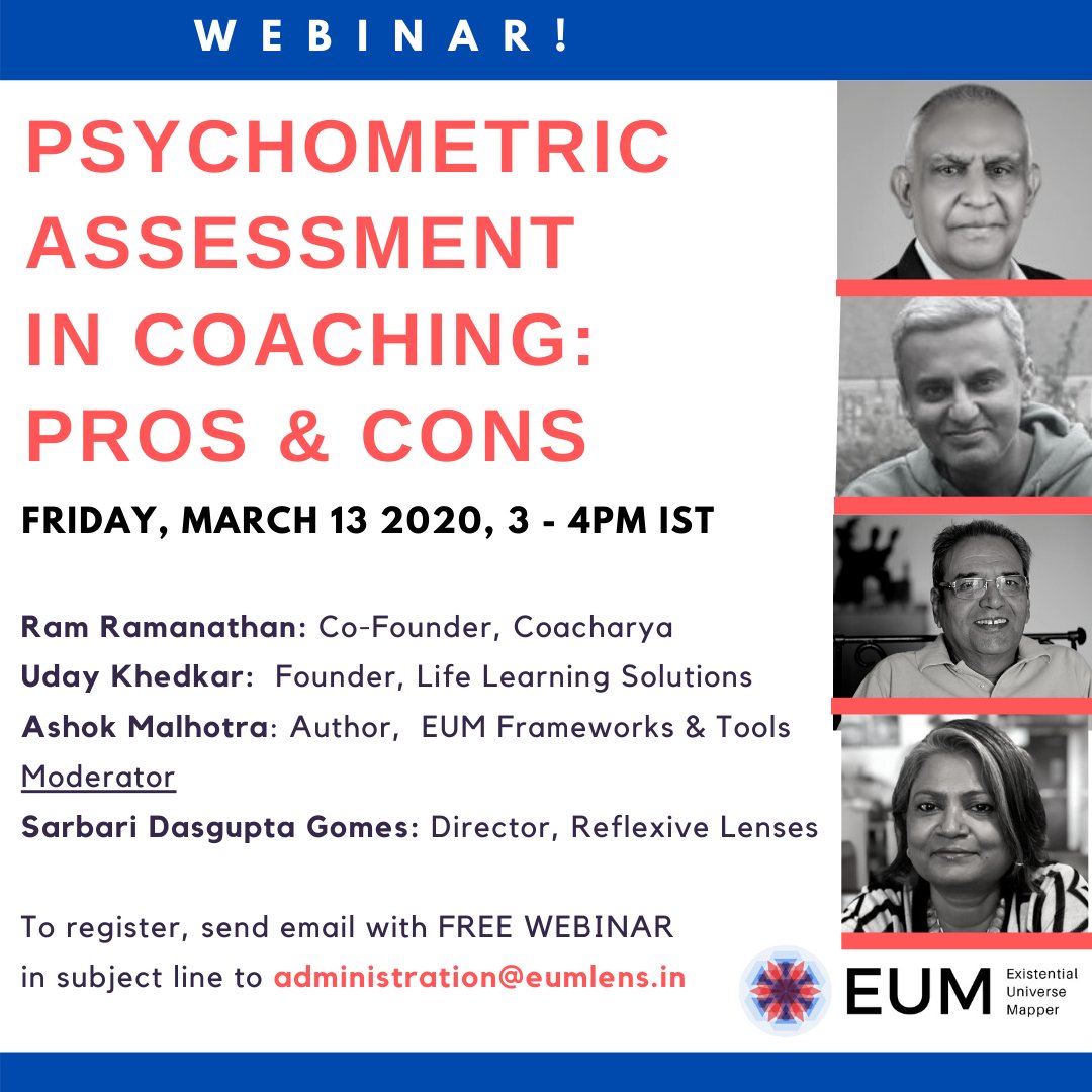 eumlens's tweet photo. Join us for an online panel discussion on "Psychometric Assessment in Coaching: Pros &amp; Cons", with renowned coaches. Date: 13 March 2020,  3-4pm. To register, email: administration@eumlens.in, Sub: FREE WEBINAR 
#ExecCoaching #Leadership #OD  #PsychometricFramework #Webinar https://t.co/Ynn6gTr2Zn