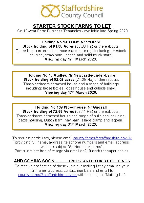 SCCfarms's tweet photo. STARTER STOCK FARMS TO LET
Less than two weeks today until our viewing day.
If you would like to attend a viewing day please confirm your attendance to county.farms@staffordshire.gov.uk
Please note, applications will not be accepted if you haven't attended the viewing day. https://t.co/FWcP7CTb4X