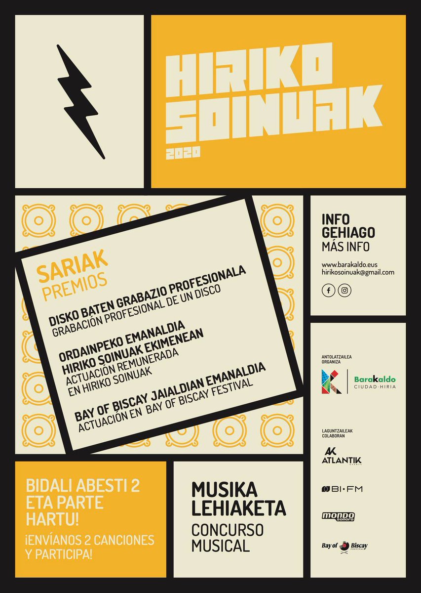 Hiriko Soinuak 2020
Izena emateko epea, irekita martxoaren 18rarte. Plazo de inscripción, abierto hasta el 18 de marzo. Oinarriak eta izena emateko fitxa · Bases y ficha inscripción: bit.ly/2Uv1d6p