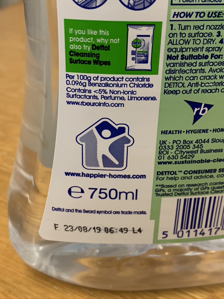 jwhrm's tweet photo. Dettol seemed to know about Coronavirus in 2019 given information on back of their surface cleaner. Interesting. https://t.co/7yTdhn0s7G