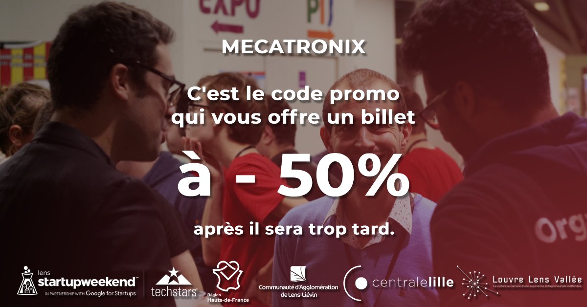 📣 Dernier appel ! 🛫
Les derniers passagers à destination du Startup Weekend Lens 2020 sont appelé se rendre sur Eventbrite et a s’enregistrer de suite avec code MECATRONIX. Après, il ne sera plus valide 🙄
#SWLens #Lens #INSpir
🎟 Vos billets 👇
eventbrite.com/e/billets-tech…