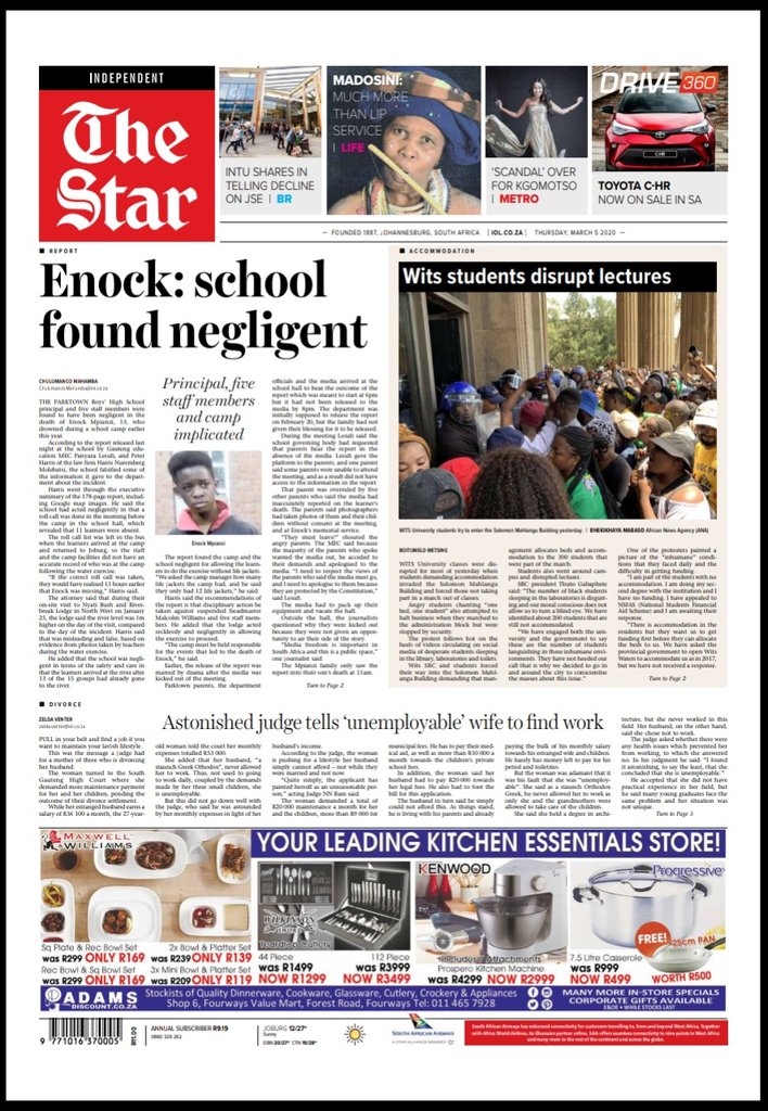 TheStar_news's tweet photo. In #TheStarNews today: #ParktownBoys report on #EnockMpianzi, Mama #Madosini in a league of her own, #AndyMaqondwana on her radio journey, @ProudlySA launches 9th buy local summit, #Drive360, #Wits students disrupt lectures and more: https://t.co/LN19738jfP