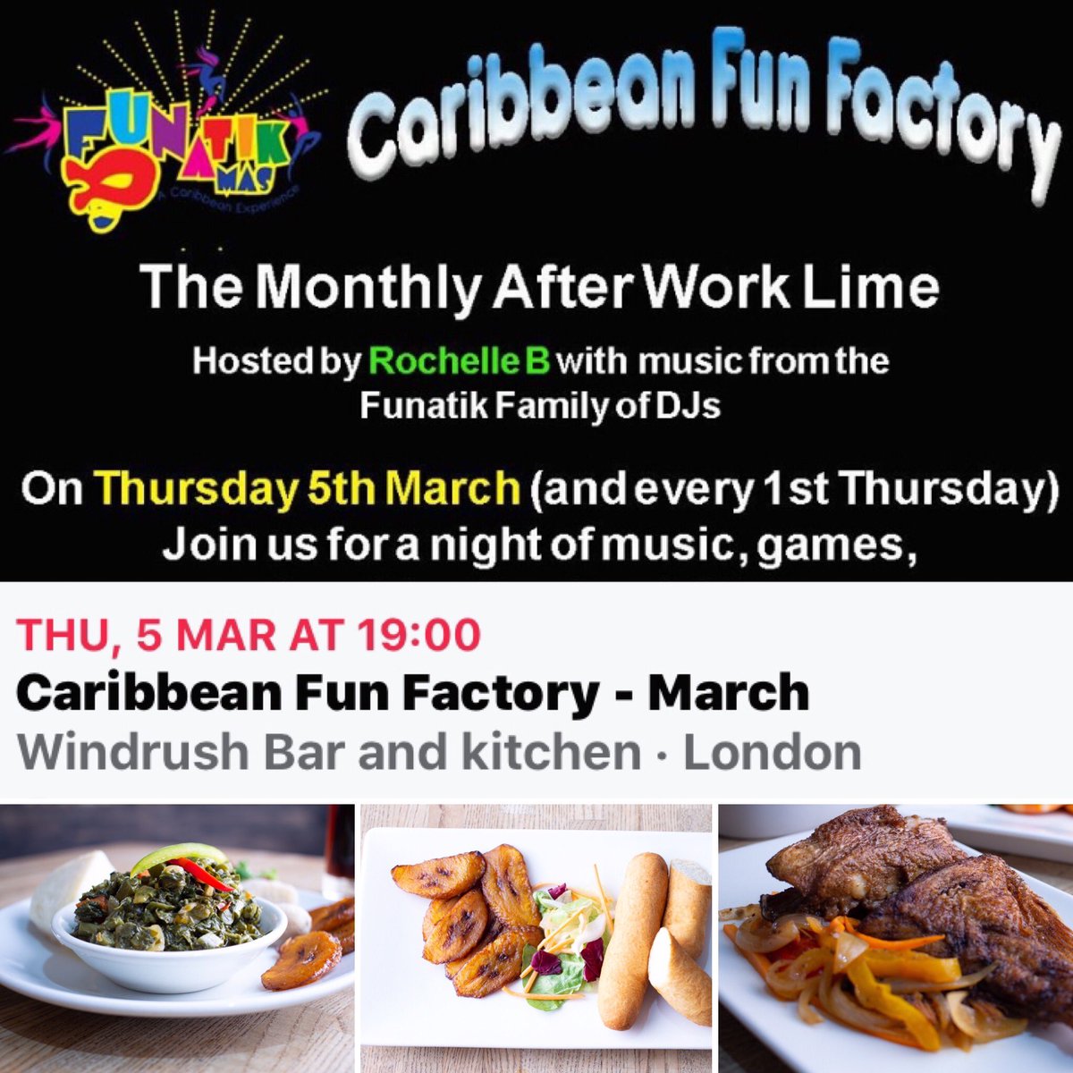 WindrushBar's tweet image. TONIGHT... TONIGHT... Thurs 5th March... there’s gonna be a small lime at The Windrush Bar and Kitchen.  #caribbeanfunfactory 
Nice vibes, great food and a comedy performance from 🤣#QuincyCockneyPrince 🤣

£3.50 tickets online - no additional booking fee !
£5 adm on the night.