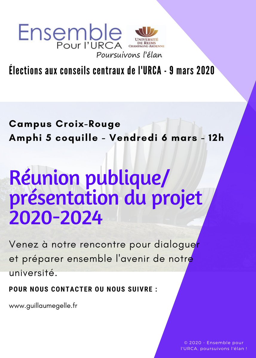 En raison de la journée "universités mortes", pas de réunion publique aujourd'hui.
Retrouvez-nous demain au polidrome et sur le campus Croix-Rouge pour partager et échanger sur les propositions pour l'avenir de notre université.
#EnsemblepoursuivonslElan
guillaumegelle.fr