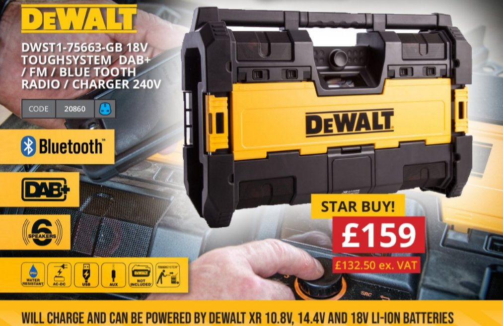 GeminiSupplies's tweet image. For less than £150 + VAT you can get the DeWalt 18V Toughsystem DAB+ / FM / Bluetooth Radio / Charger
• Water resistant
• USB port
• Aux port
• Charge your phone on site
• 240V power
• Also powered by DeWalt XR 10.8V, 14.4V and 18V Li-ion batteries (not included)
#ToolSaver