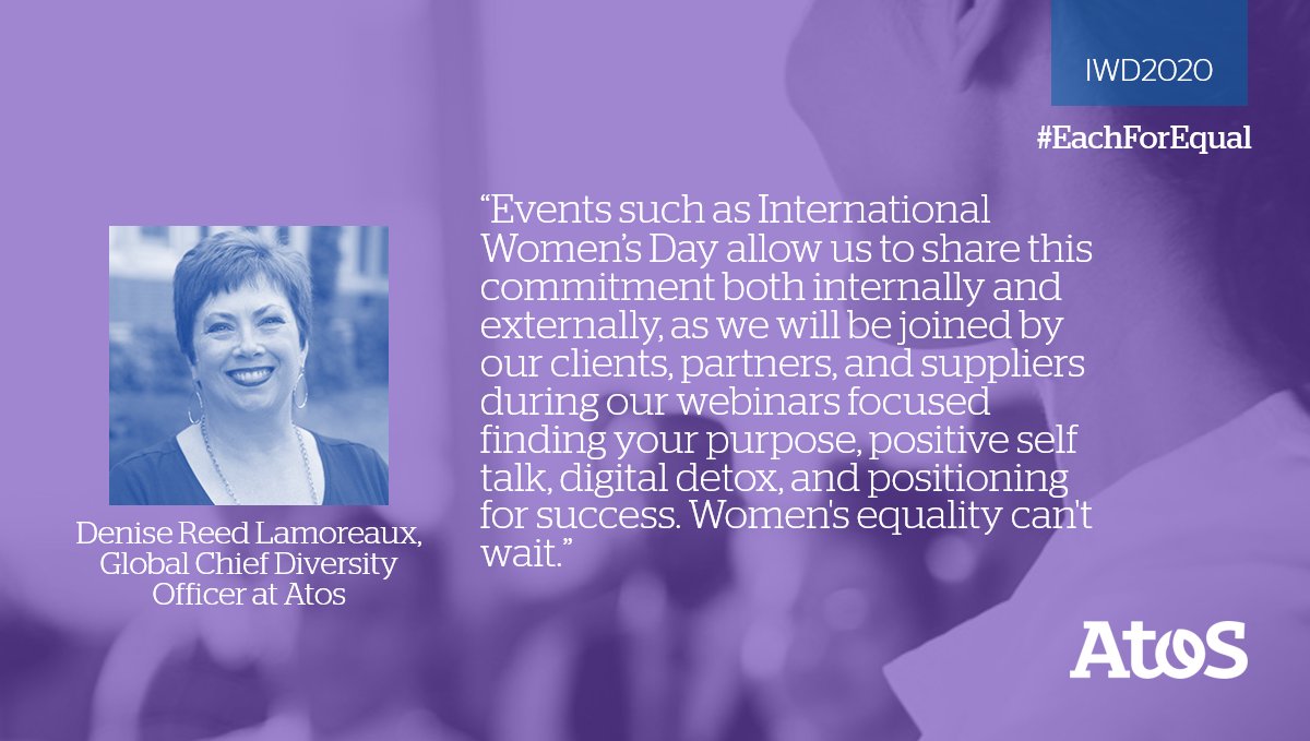 [#IWD2020] On March 6, 2020, Atos will host International Women's Day events across the globe, combining webinars with site events as well as launching our annual collection of essays written by Atos women. 
#EachForEqual #Diversity #WomenWhoSucceed