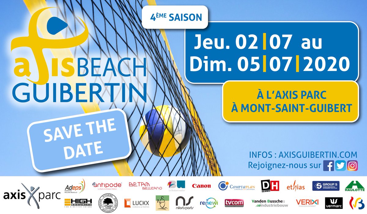 AxisGuibertin's tweet photo. @AxisGuibertin @Axisparc
#️⃣ #SaveTheDate
#AxisBeach🏐🏖 #BeachVolley🏐
📍Axisparc at Mont-St-Guibert
🗓 Thurs. 02.07 to Sun.05.07.2020
👉More information https://t.co/lPSWXeyTgd
#OneTeamOneClubOneFamily♥️ https://t.co/GTAJ4llZyk