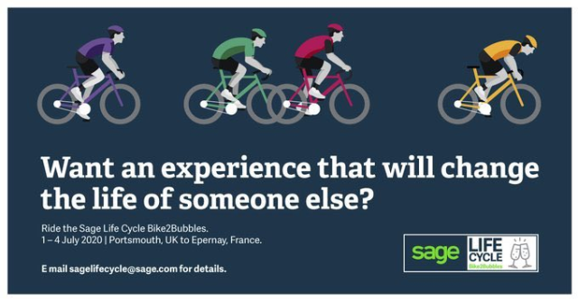 Join myself and the rest of the crew - as we need your support! Help us raise $100,000 for charity, join 100+ Sage #colleagues and #SagePartners cycling the Champagne region, in France 📅July 1-4 2020 ✉️Email sagelifecycle@sage.com #SageLifeCycle #Bike2Bubbles! <a href="/sagefoundation/">Sage Foundation</a>