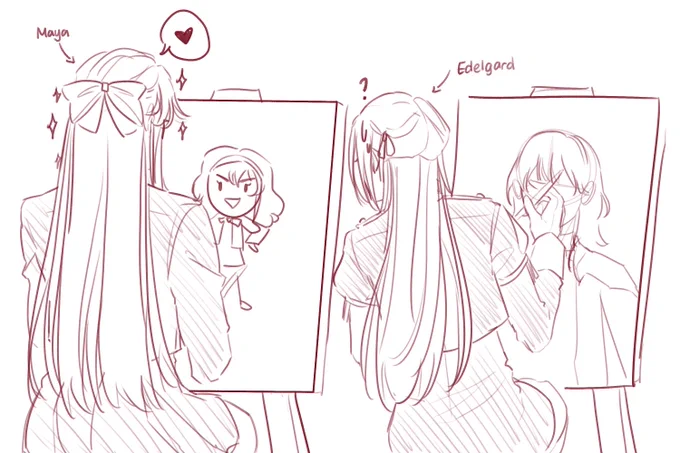 Maya and Edelgard drawing their girlfriends.

look at maya being so proud of her work ahahahahahaha
ahhhh these sisters i swear- 