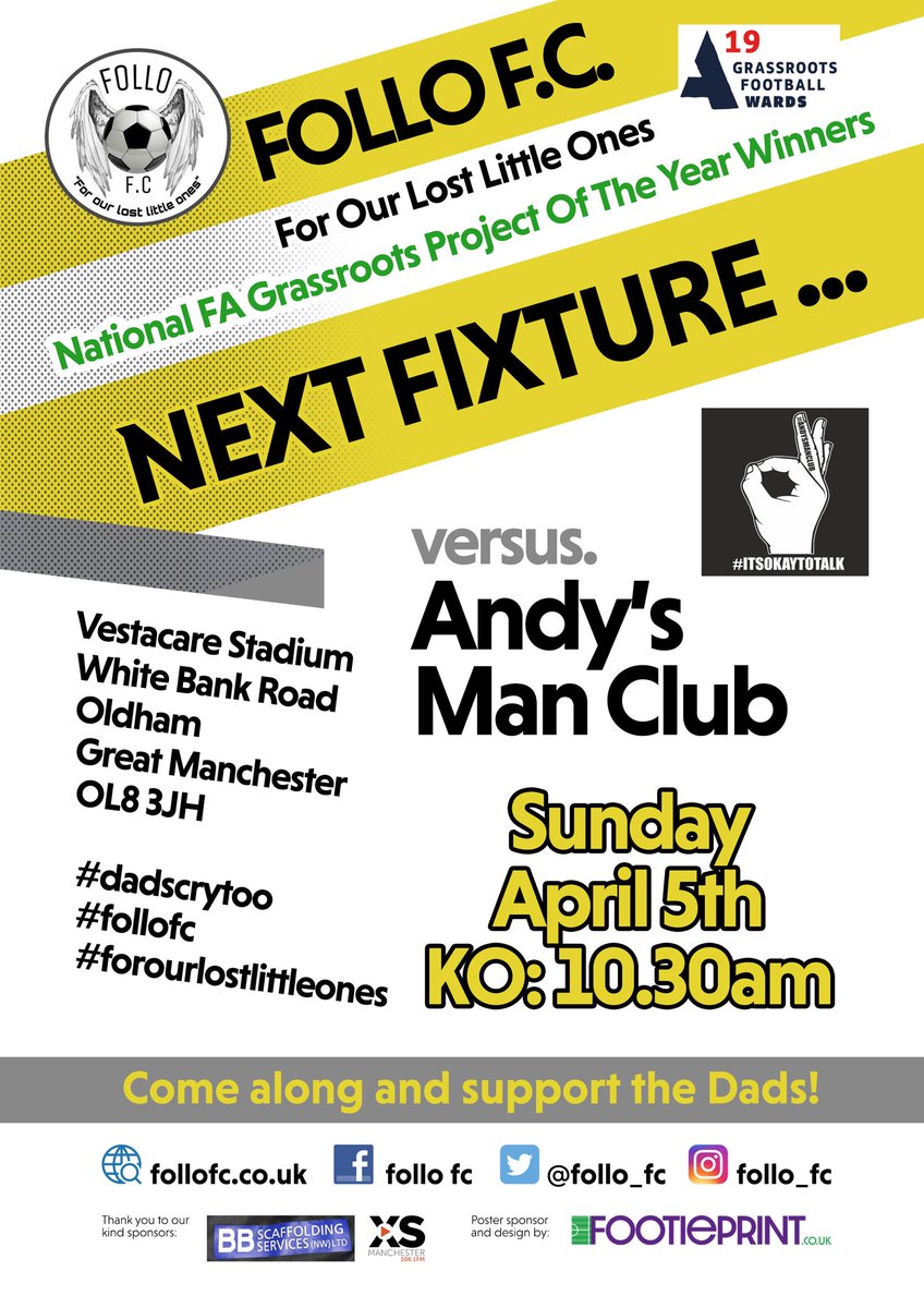 Follofc_uk's tweet photo. Very excited to be playing @andysmanclubmcr on April 5th at @VestacareUK Stadium which is home of @avrofc . We’re all excited about this one. Please RT and come down and support us all #dadscrytoo #itsokaytotalk #follofc https://t.co/uPvnYHm2kp