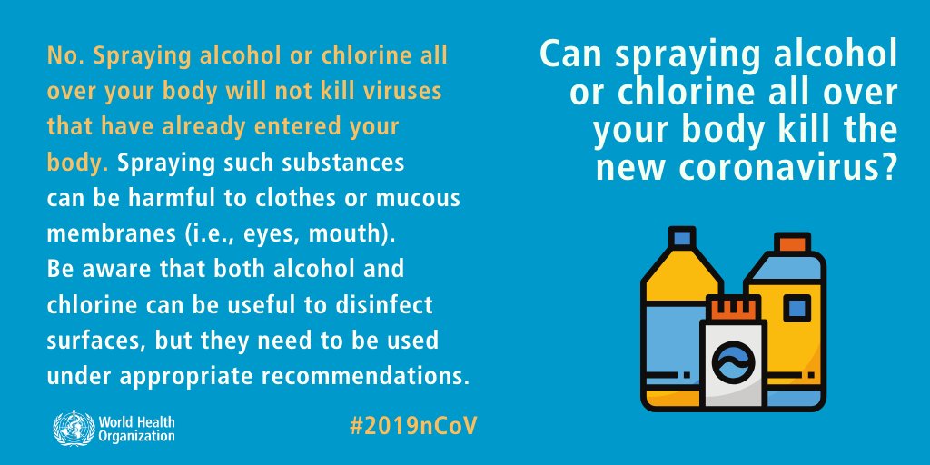 Can spraying #alcohol or chlorine all over your body kill the new #coronavirus? #Covid_19 #virus #COVID19italia #covid19UK #Covid19usa #Covid19fr #WuhanCoronavirus #2019nCoV #Wuhan