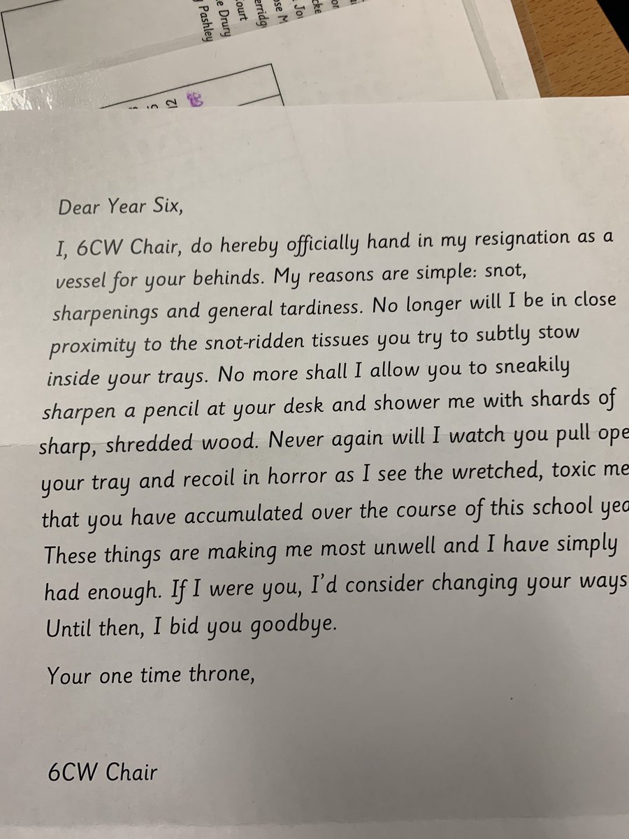 QuayAcademy's tweet photo. It’s the day the chairs have quit in year 6 today.... we have had a letter explaining why the chairs have resigned... we now need to persuade the chairs to return.... only time will tell how good our letters are! #enhancedlearning #WorldBookDay2020 #topclasseducation https://t.co/jDK7upgCH7