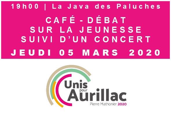 mathonier2020's tweet photo. #aurillac Ce soir jeudi 05 mars à partir de 19h00 à la Java des Paluches : café-débat sur la jeunesse. Ouvert à tous. Après le débat soirée DJ https://t.co/4vWU23jXeB