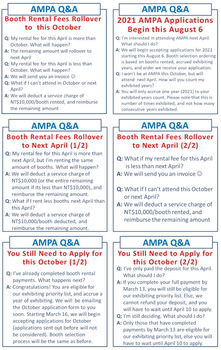 TAIPEIAMPA's tweet photo. Hey AMPA 3-in-1 exhibitors,

If you've been waiting for the #TaipeiAMPA #AutotronicsTaipei #MotorcycleTaiwan booth rental fee rollover information, you're in luck!
We present to you the AMPA Q&amp;A - Booth Rental Fee Rollover Edition! Hopefully this answers all your questions. https://t.co/4I2JiARP60