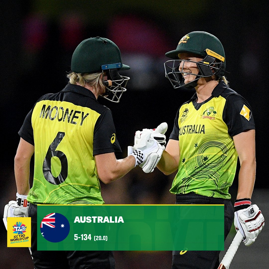 AusWomenCricket's tweet photo. Meg Lanning the ⭐ for the Aussies, finishing unbeaten on 49. 

We'll be defending 134 for a spot in the #T20WorldCup final at the MCG! #CmonAussie https://t.co/0QQVCGCe0p