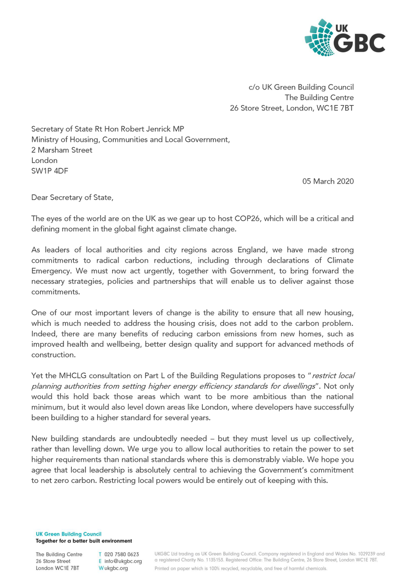 UKGBC's tweet photo. [THREAD] In an open letter to the Secretary of State @RobertJenrick at @mhclg a group of council leaders and Mayors are calling on Government to abandon proposed restrictions on their ability to cut carbon emissions from #housebuilding

https://t.co/huR7LZ3IDj [1/4] https://t.co/TpqJt8IJsr