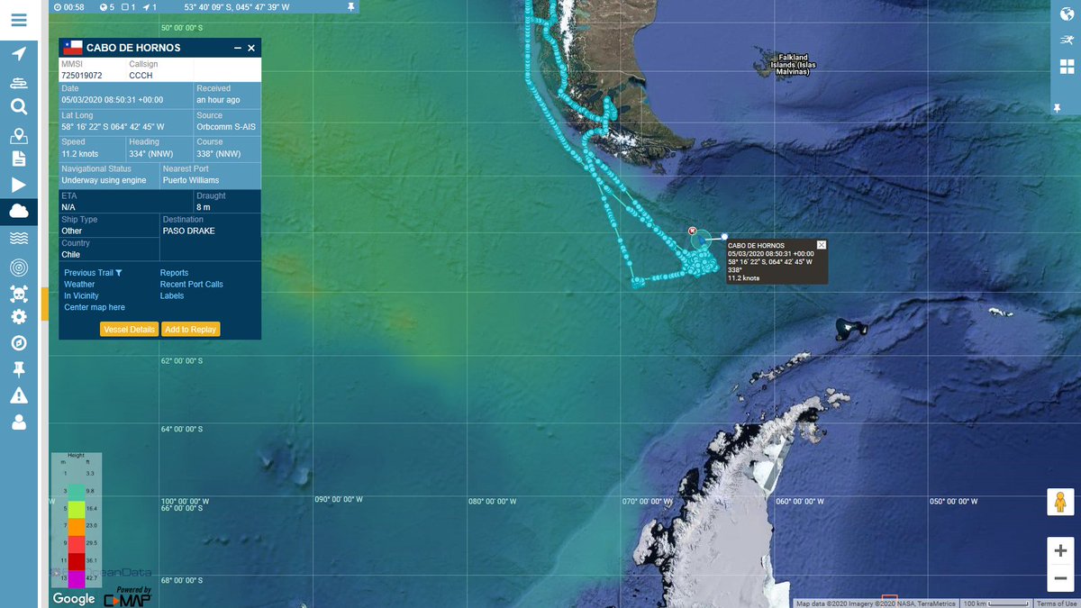 LabratSR's tweet photo. #ChileanC130 #Chile #C139 Here is this morning's look at Cabo de Hornos's track. She is heading north at 11 knots, possibly due to incoming weather. Wave Heights are on in the last image. Tracking by Big Ocean Data. @BigOceanData https://t.co/8yFH9gR1rL