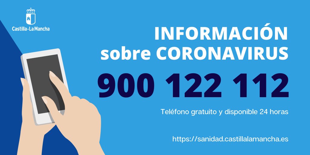 Sanidad Talavera (@sanidadtalavera) on Twitter photo El teléfono de información sobre #CoronavirusESP en Castilla-La Mancha es el 900 122 112. Es gratuito y está disponible durante las 24 horas
Recuerda que el <a href="/112clm/">112 Castilla-La Mancha</a> es solo para emergencias El teléfono de información sobre #CoronavirusESP en Castilla-La Mancha es el 900 122 112. Es gratuito y está disponible durante las 24 horas
Recuerda que el <a href="/112clm/">112 Castilla-La Mancha</a> es solo para emergencias