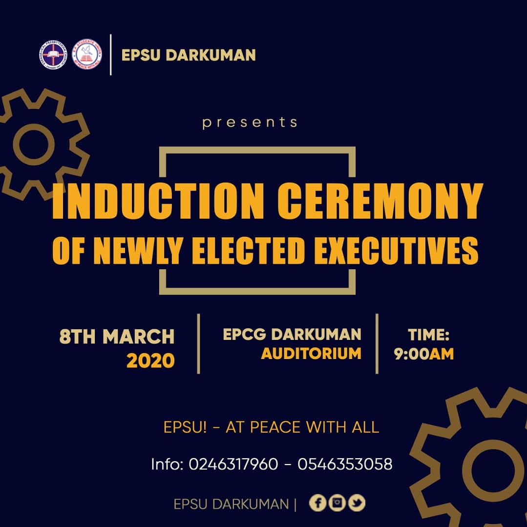 epsu_distb's tweet photo. EPSU Darkuman specially invites you to the Induction Ceremony of Newly Elected Executives.

Date: Sunday, 8th March, 2020

Time: 9:00AM 

Venue: EPCG, Darkuman https://t.co/n0H4u2zLxZ