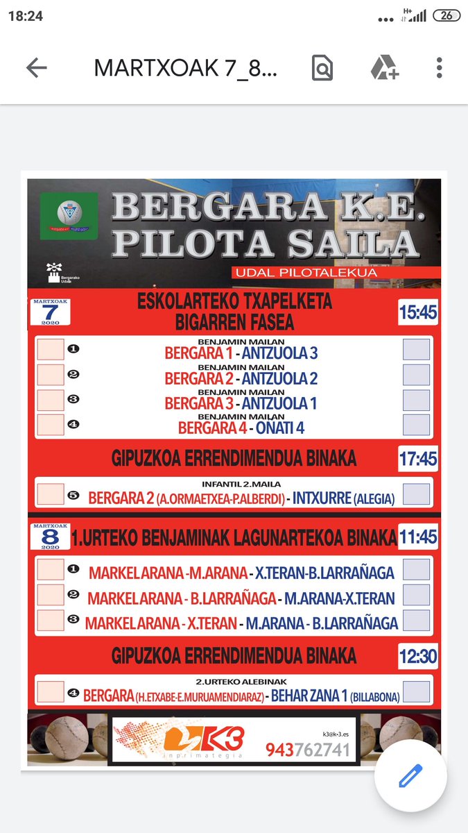 PelotaBKE's tweet photo. Euerdion denoi! Hemen bidaltzen dizuet asteburu honetan Bergarako udal pilotalekuan jokatuko diren partiduak. https://t.co/gJq9ncCJnu
