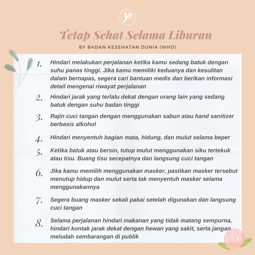 yuktravel's tweet image. Buat kamu yang ingin liburan, Badan Kesehatan Dunia (WHO) memberikan tips-tips yang bisa kamu mempraktikkannya. Yuk simak

Ps: tapi kalau kamu sedang sakit seperti batuk dan suhu tinggi, WHO tidak menyarankan kamu bepergian

#Yuktravel #coronavirus