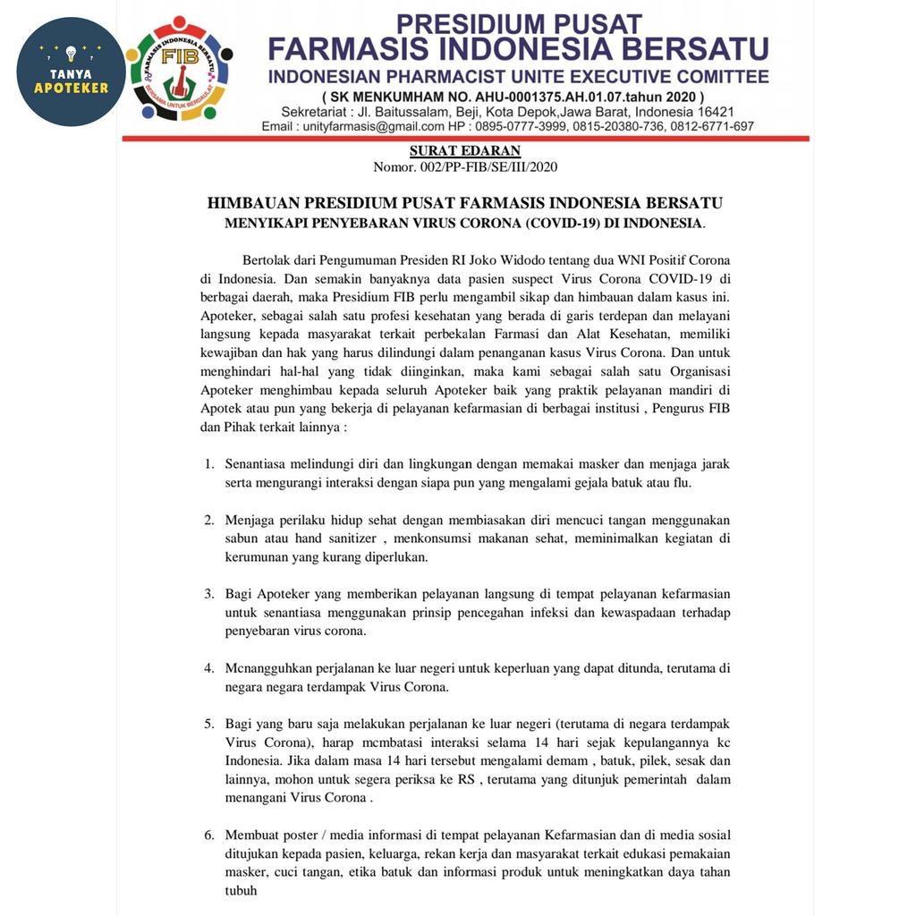 TanyaApotekerKu's tweet photo. Untuk seluruh Apoteker dan Farmasis, Pemerintah Daerah dan Jajaran Kepolisian, serta Menteri Kesehatan RI
.
Bantu sebarkan ya 🙏
Gratiās
.
#tanyaapoteker #apoteker #farmasis #corona #pemda #polisi #menkes #menkesri #fib https://t.co/BDGIDdfhOm