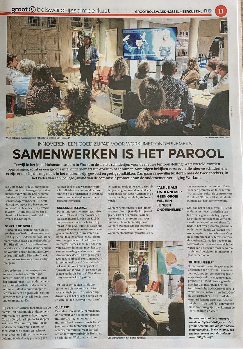 Geslaagde ondernemersbijeenkomst georganiseerd door onze commissie Promotie Workum. Voor wie het gemist heeft; het Bolswards Nieuwsblad vat het deze week nog even mooi samen in een paginavullend artikel in de editie Groot Bolsward-IJsselmeerkust.