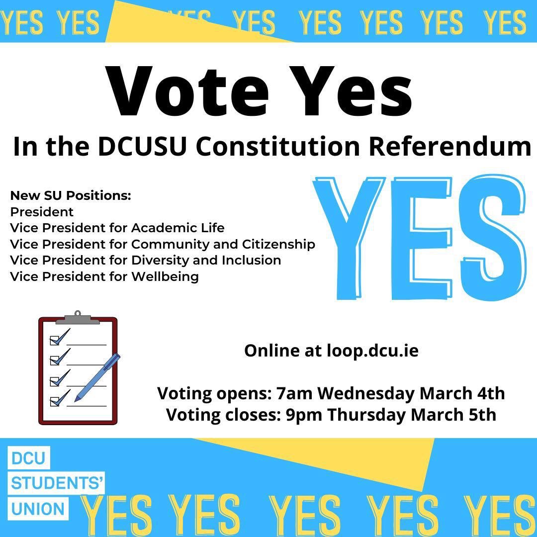 DCUSU's tweet photo. GOOD MORNING! ☀️

HAVE YOU VOTED YET? 

You have until 9PM tonight to make your vote count. Log on to https://t.co/7Z4sV84Wyu &amp; have your say! 📢

Please vote in all elections and DON’T FORGET about the referenda! 

Please VOTE YES for the new DCUSU Constitution ⭐️

#DCUSUVotes https://t.co/WswsVoOpLP