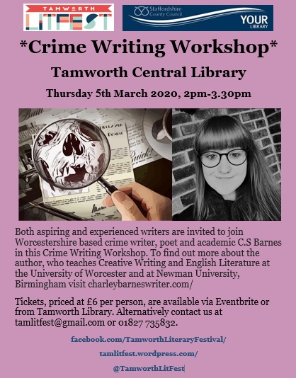 TamworthLitFest's tweet image. Want to write/enhance your #crimefiction? Come along to @charleyblogs&apos; workshop today, March 5th at #TamworthLibrary. Part of #TamworthLitFest2020 #writingcommunity #crimewriters @VisitTamworth @TAMinformed @tamworthherald @StaffsLibraries @StaffsArts 
 eventbrite.com/e/crime-writin…