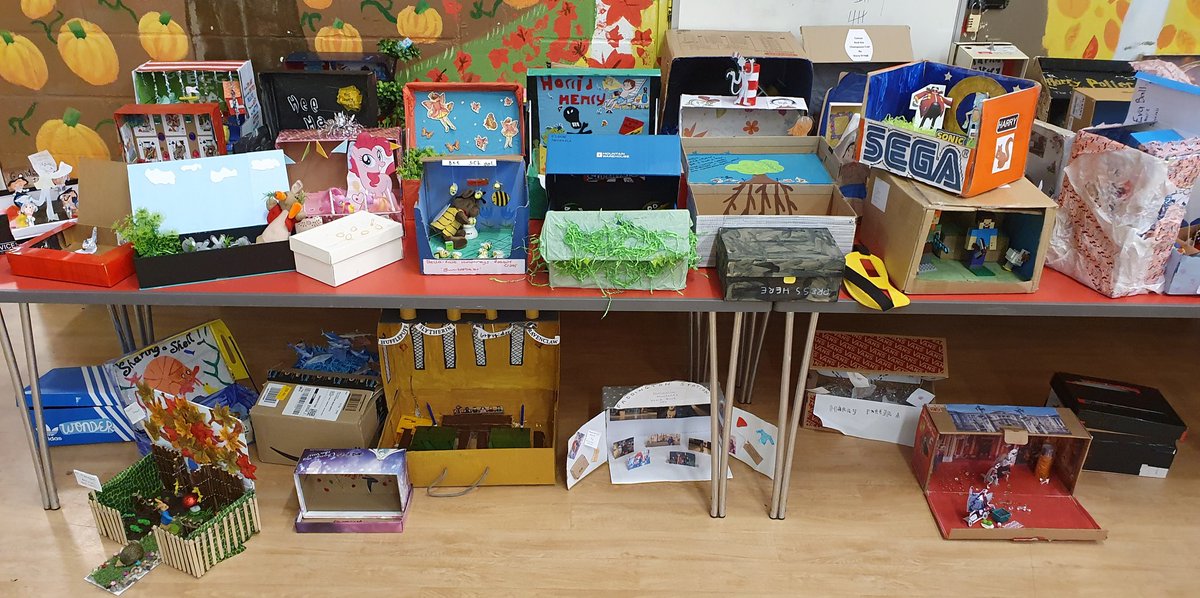 moorlandsbelton's tweet photo. We thought three tables would be enough for our @WorldBookDayUK 'Book In A Box' competition. We were wrong! We needed six tables, the gym mats and the floor. Massive thanks to all our pupils, parents and staff for supporting this. https://t.co/lRuYEbNGol