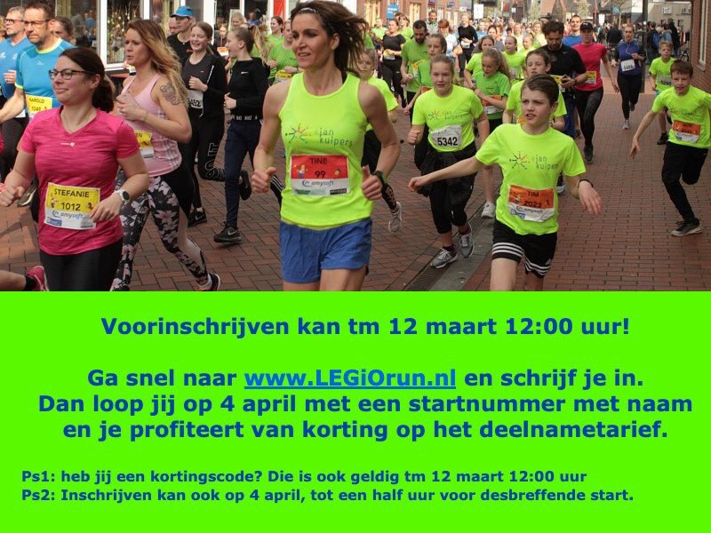 Voorinschrijven kan tm 12 maart 12:00 uur!  Ga snel naar LEGiOrun.nl en schrijf je in!

Ps1: heb jij een kortingscode? Die is alleen geldig tm 12 maart 12:00 uur.
Ps2: Inschrijven kan op 4 april, tot een half uur voor de start.
#legiorun #hardlopen #Grootegast #4april
