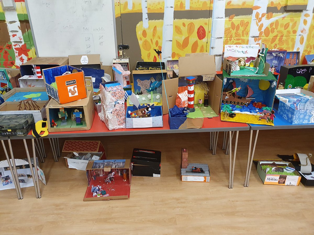 moorlandsbelton's tweet photo. We thought three tables would be enough for our @WorldBookDayUK 'Book In A Box' competition. We were wrong! We needed six tables, the gym mats and the floor. Massive thanks to all our pupils, parents and staff for supporting this. https://t.co/lRuYEbNGol