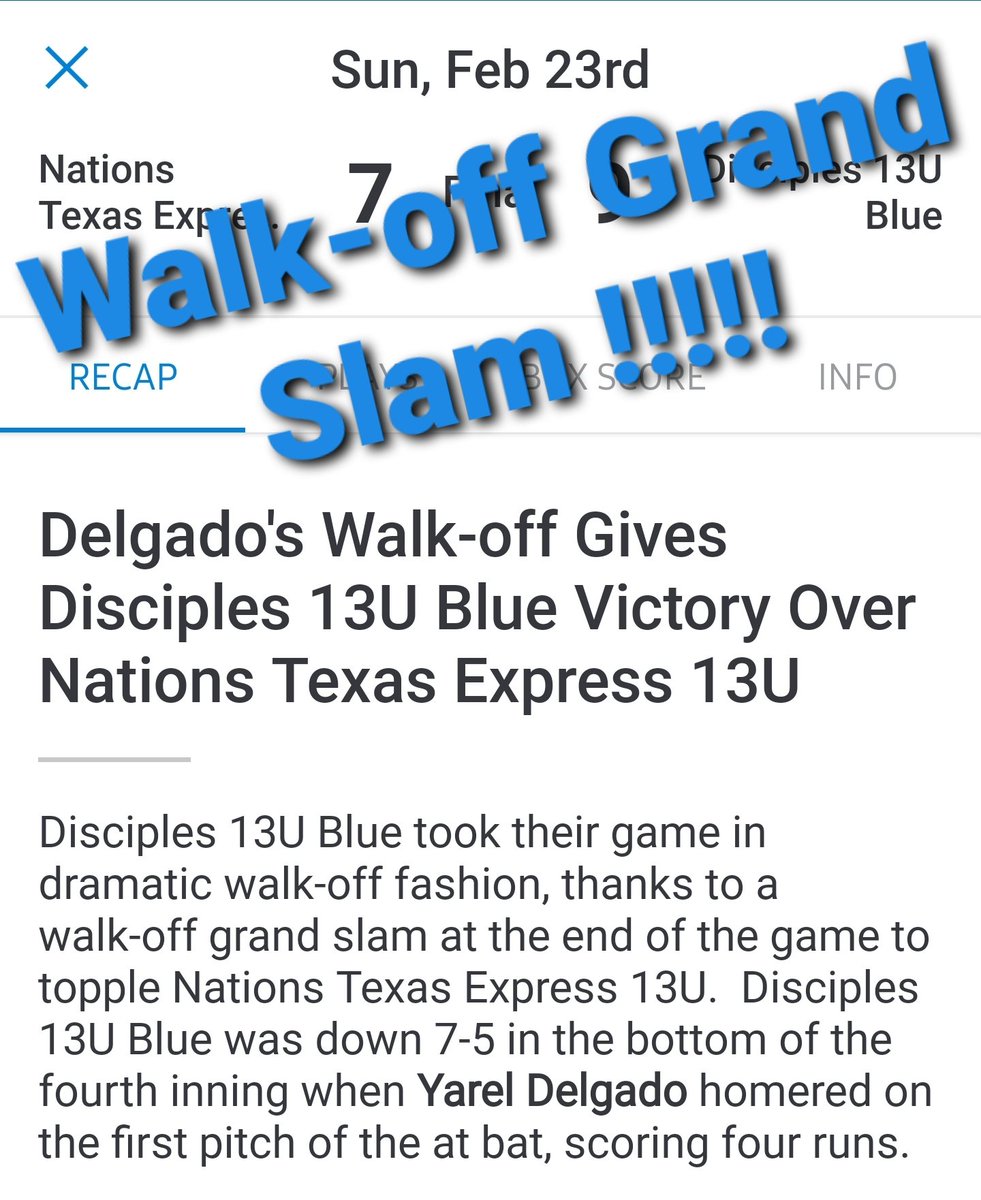 katydisciples's tweet photo. Congratulations to Yarel "Speedy" Delgado, from our Disciples 13U Blue, for his 1st HR this season .... a walk-off Grand Slam !!!!!!
#waytogoDisciples #DisciplesFamilyProud #walkoffwin #semifinalsbound #Disciples13UBlue #playNationsBaseball https://t.co/CL4BBUNuNB