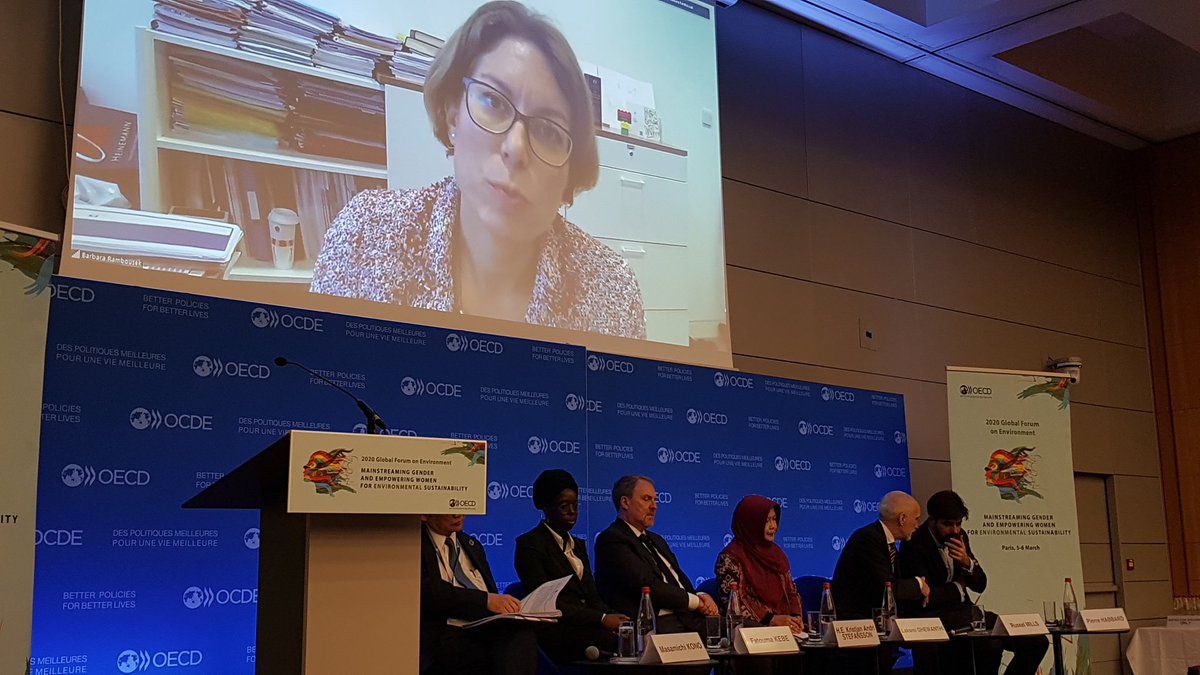 TUMInitiative's tweet photo. "Women are disproportionately affected by climate change", @EBRD will strengthen gender-responsive infrastructure planning,  @BarbaraRambouse @EBRD via videolink @OECD_ENV forum on Mainstreaming Gender and Empowering Women #womenmobilize #wearetransport https://t.co/RoQB1tBPU5