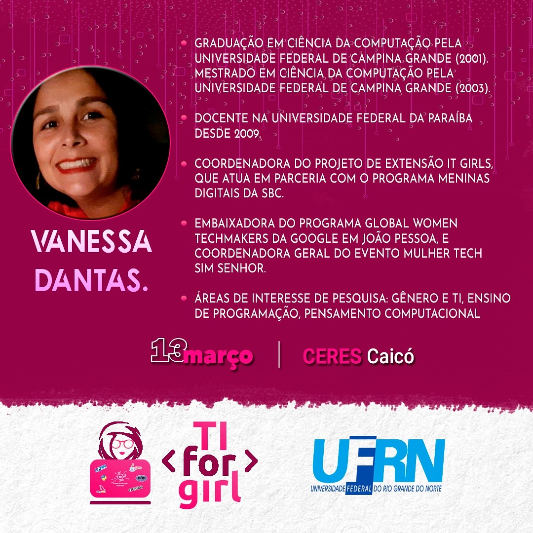 tiforgirls's tweet photo. A última participação é da professora Vanessa Dantas, coordenadora do IT Gitls 🥰 Vamos bater papo em uma mesa redonda muito especial, esse momento será incrível. 
#tiforgirl
https://t.co/4A5vKyesD1 https://t.co/uiRK2GMvKX