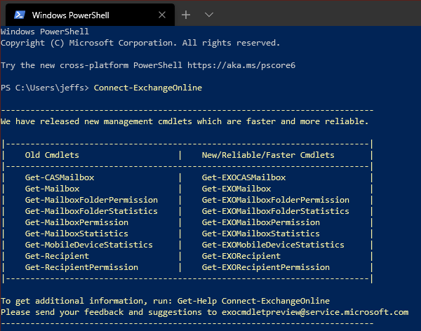 jdscher's tweet photo. New #Microsoft Exchange Online PowerShell module which moves to the Update/Install-Module methodology like other modern modules. No more silly standalone app to install, just run 'Connect-ExchangeOnline' after importing.  Also includes some new cmdlets. https://t.co/6i07fVOsg6 https://t.co/A8P6vFJV8S