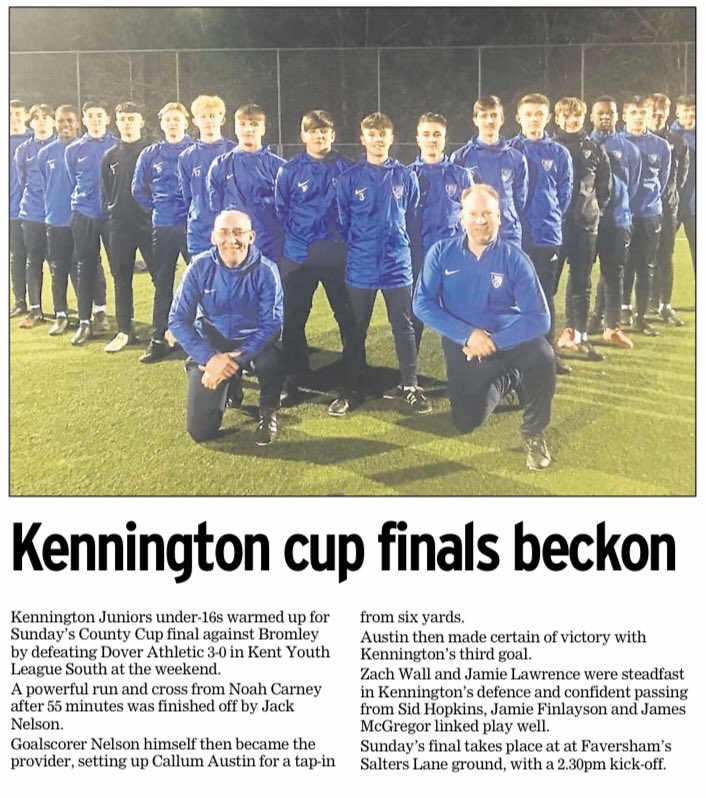 🏆 JUNIOR CUP FINAL | Best of luck to <a href="/ClubKennington/">Kennington Juniors Football Club</a> u16’s who face <a href="/bromleyfc/">Bromley FC</a> in the final of the <a href="/KentYouthLeague/">KentYouthLeague</a> cup at <a href="/FavershamTownFC/">Faversham Town F.C.</a> on Sunday (2.30pm k.o). The side defeated <a href="/DoverAthletic/">Dover Athletic FC</a> 3-0 in the South Division at the weekend. All the best, lads!🤞#UpTheTon 💛🖤