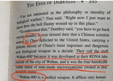 Extract from the book "The Eyes of Darkness" published in 1989. 'Wuhan-400' 'Perfect bio-weapon' Buy book here: amzn.to/2tZs67A #COVID19 #coronavirus #book #WuhanPneumonia #WuhanCoronavirus #wuhan
#WorldBookDay #Covid_19 #covid19UK #Covid19usa #Covid19fr  #2019nCoV #Wuhan
