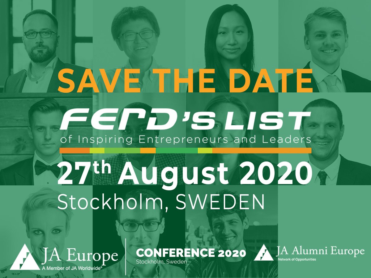 Save the date for the 2020 celebration of the #FERDsLIST! During the <a href="/AlumniEurope/">JA Alumni Europe</a> conference, we will celebrate JA Alumni who have grown into outstanding entrepreneurs and leaders. It's still time to nominate 2020 honourees ferdslist.org/celebration-fe… 
#Gather #JuniorAchievement