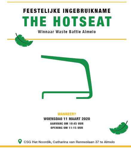 Wat ontstond door een wedstrijd is nu werkelijkheid. 11 maart wordt de hotseat officieel geopend door wethouder Van Mierlo en prijkt op ons schoolplein. Wanneer je afval deponeert verwarmt de bank, kun je je muziek streamen en je telefoon opladen #NoordikCR #Almelo